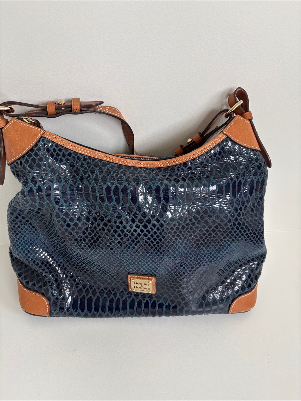 Dooney & Bourke Navy Croc-Embossed Shoulder Bag with Tan Trim